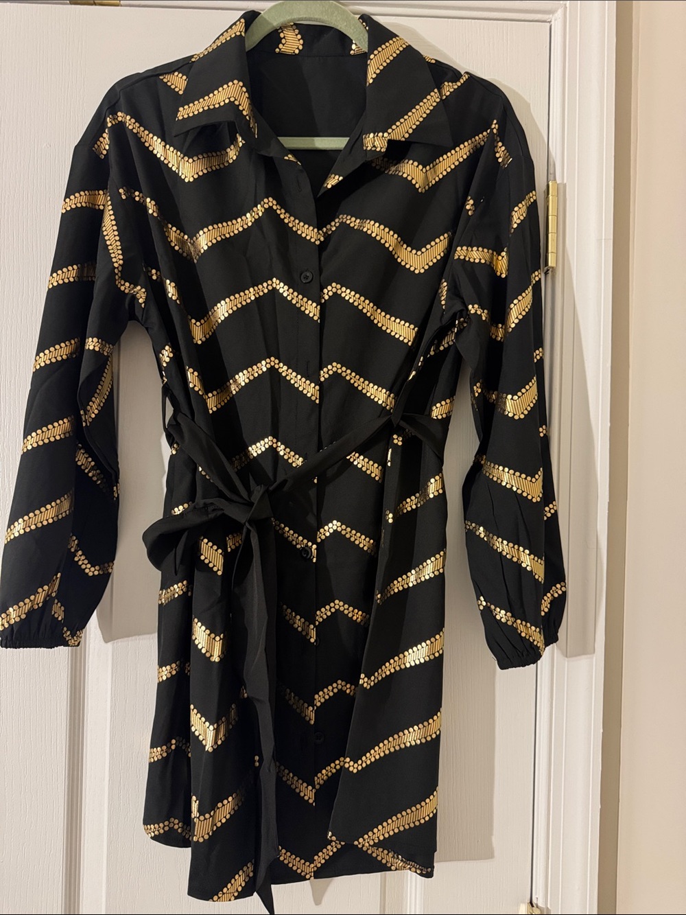 SHEIN Black Shirt Dress with Gold Chevron Sequin Stripes